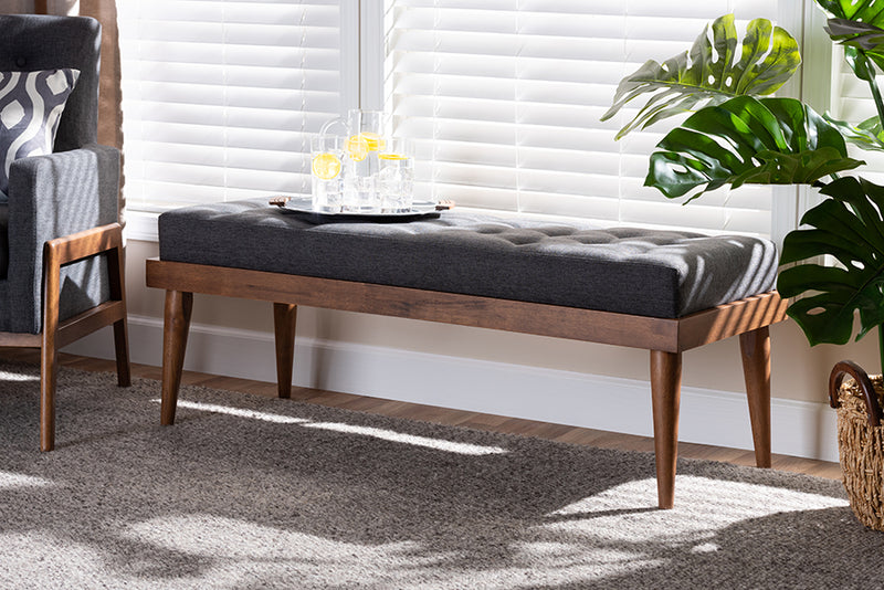 Florica Mid-Century Modern Dark Gray Fabric Upholstered and Button Tufted Wood Bench