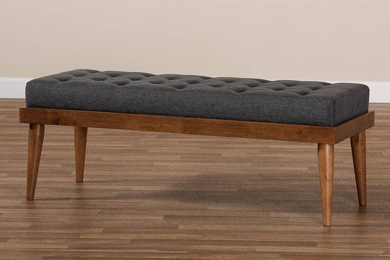 Florica Mid-Century Modern Dark Gray Fabric Upholstered and Button Tufted Wood Bench