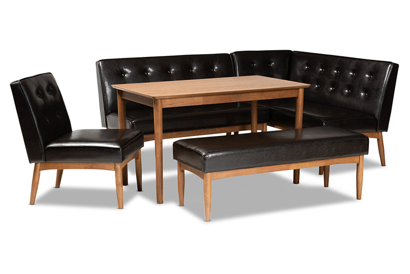 Mabel Mid-Century Modern Dark Brown Faux Upholstered Leather 5-Piece Wood Dining Nook Set