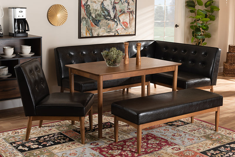 Mabel Mid-Century Modern Dark Brown Faux Upholstered Leather 5-Piece Wood Dining Nook Set