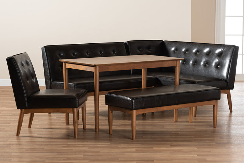 Mabel Mid-Century Modern Dark Brown Faux Upholstered Leather 5-Piece Wood Dining Nook Set