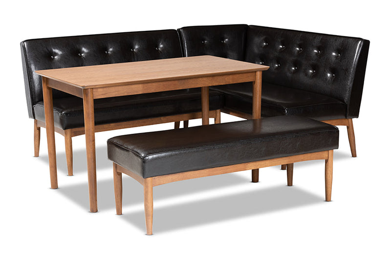 Mabel Dark Brown Faux Leather Upholstered 4Pc Wood Dining Nook Set Baxton