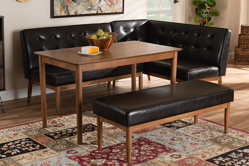 Mabel Mid-Century Modern Dark Brown Faux Leather Upholstered 4-Piece Wood Dining Nook Set