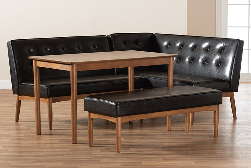 Mabel Mid-Century Modern Dark Brown Faux Leather Upholstered 4-Piece Wood Dining Nook Set