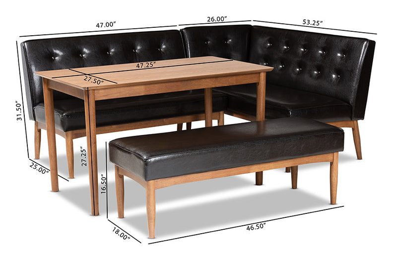 Mabel Dark Brown Faux Leather Upholstered 4Pc Wood Dining Nook Set Baxton