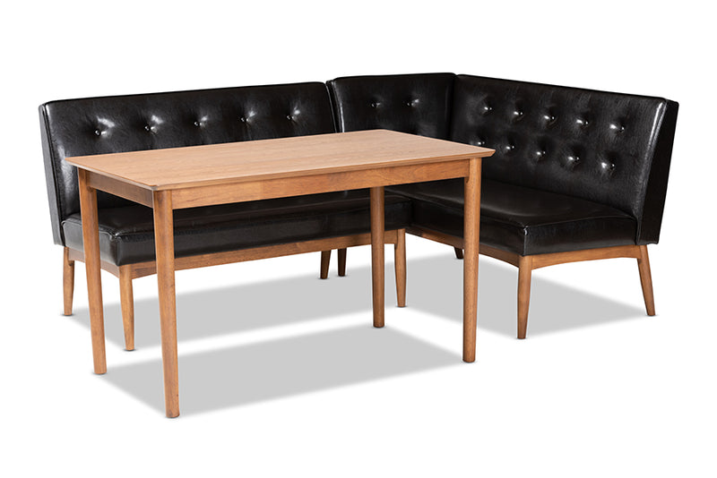 Mabel Mid-Century Modern Dark Brown Faux Leather Upholstered 3-Piece Wood Dining Nook Set