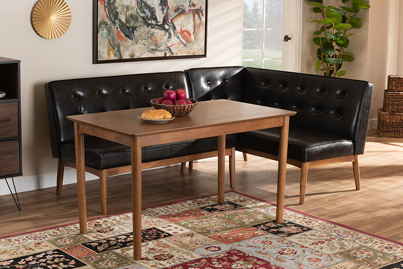 Mabel Mid-Century Modern Dark Brown Faux Leather Upholstered 3-Piece Wood Dining Nook Set