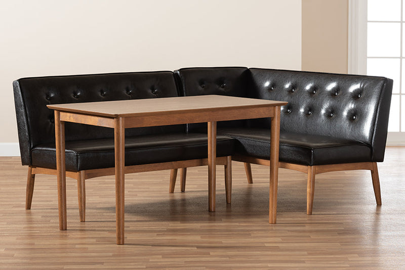 Mabel Dark Brown Faux Leather Upholstered 3-Piece Wood Dining Nook Set Baxton