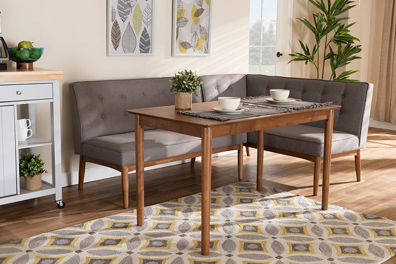 Mabel Gray Fabric Upholstered 3-Piece Wood Dining Nook Set Baxton