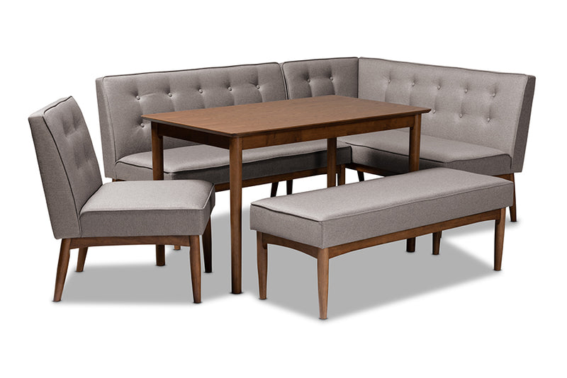 Mabel Mid-Century Modern Gray Fabric Upholstered 5-Piece Wood Dining Nook Set