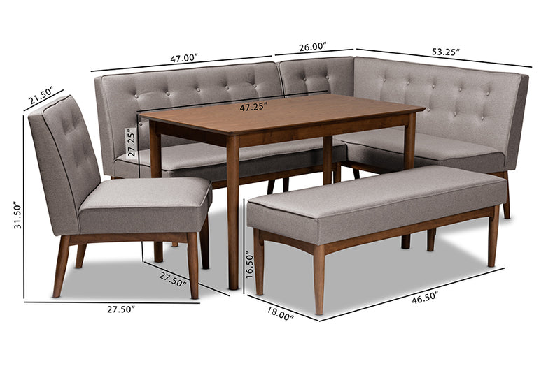 Mabel Mid-Century Modern Gray Fabric Upholstered 5-Piece Wood Dining Nook Set