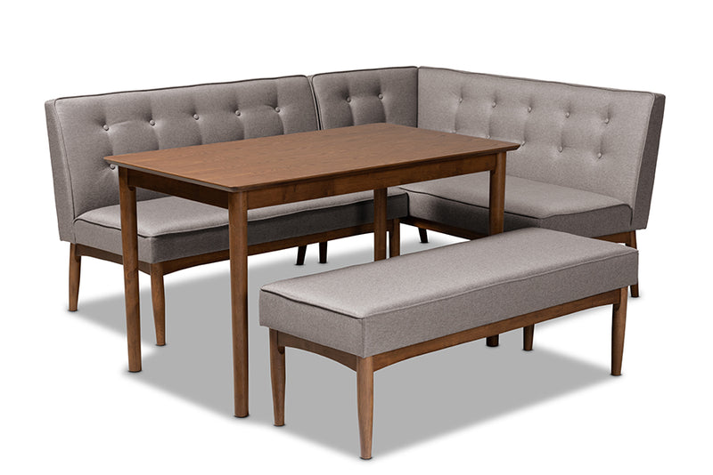 Mabel Mid-Century Modern Gray Fabric Upholstered 4-Piece Wood Dining Nook Set