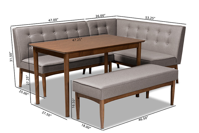 Mabel Mid-Century Modern Gray Fabric Upholstered 4-Piece Wood Dining Nook Set