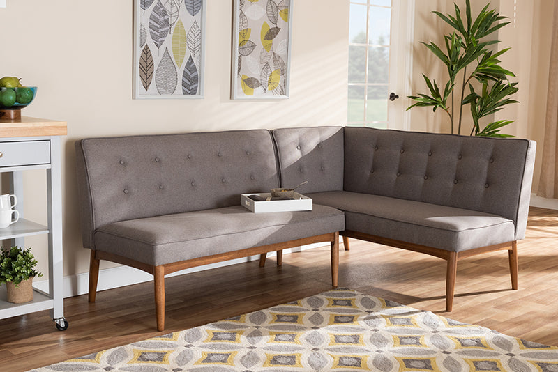 Mabel Mid-Century Modern Gray Fabric Upholstered 2-Piece Wood Dining Nook Banquette Set