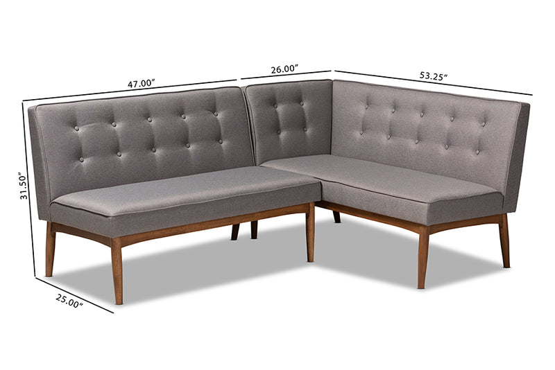 Mabel Mid-Century Modern Gray Fabric Upholstered 2-Piece Wood Dining Nook Banquette Set