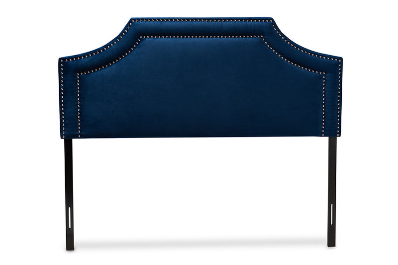 Aimi Navy Blue Velvet Fabric Upholstered Queen Size Headboard Baxton