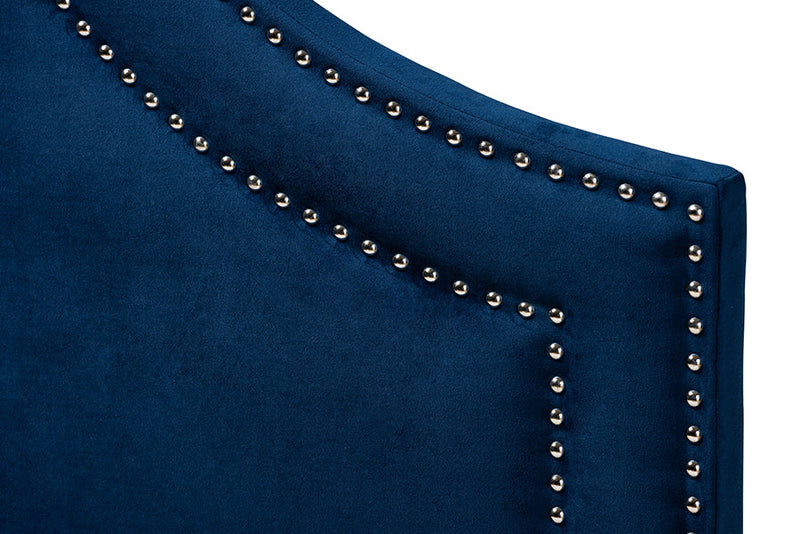Aimi Navy Blue Velvet Fabric Upholstered Queen Size Headboard Baxton