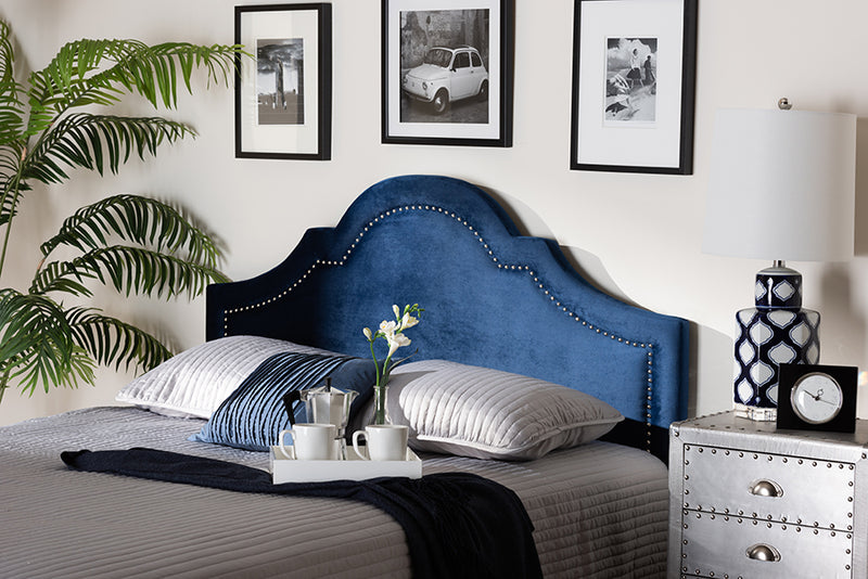 Morigan Modern and Contemporary Navy Blue Velvet Fabric Upholstered Queen Size Headboard