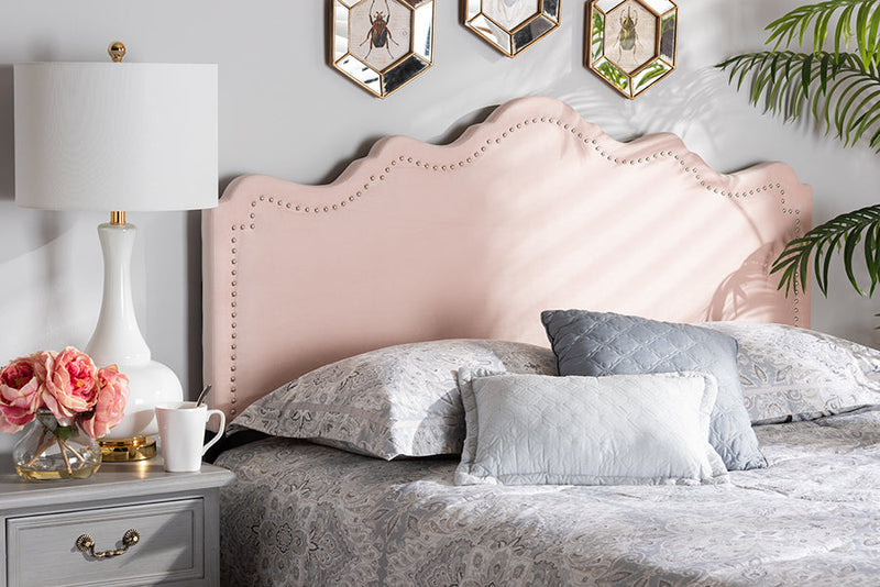 Carlyn Light Pink Velvet Fabric Upholstered Queen Size Headboard Baxton
