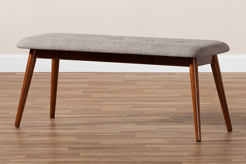 Elara II Mid-Century Modern Light Gray Fabric Upholstered Medium Oak Finished Wood Dining Bench