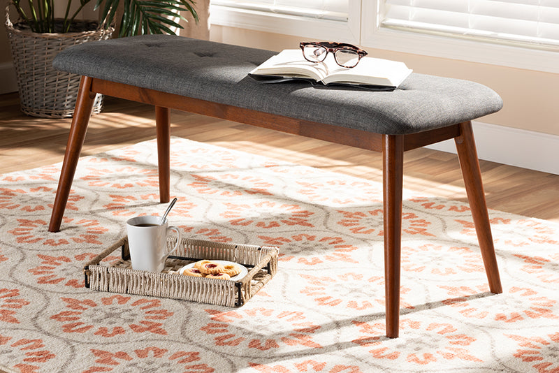 Elara II Mid-Century Modern Dark Gray Fabric Upholstered Medium Oak Finished Wood Dining Bench