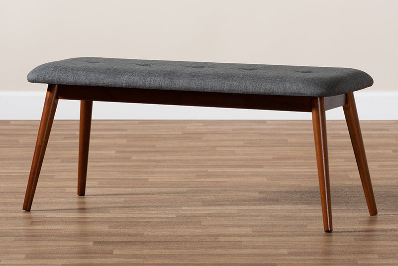 Elara II Mid-Century Modern Dark Gray Fabric Upholstered Medium Oak Finished Wood Dining Bench