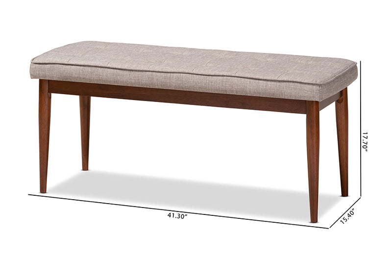 Nahla Mid-Century Modern Light Gray Fabric Upholstered Medium Oak Finished Wood Dining Bench