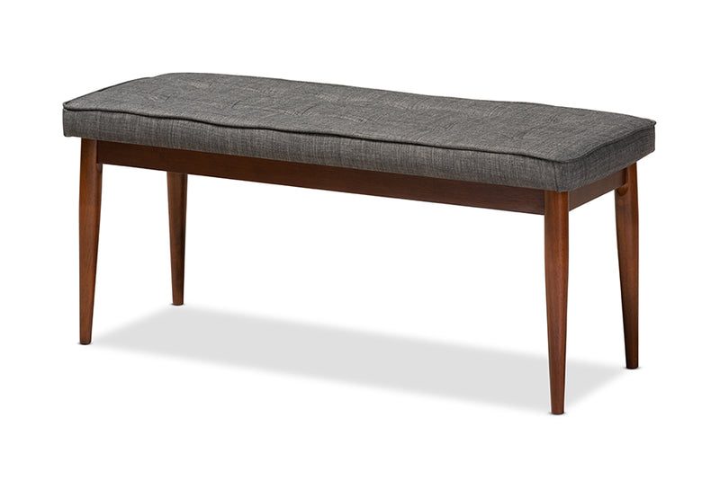 Nahla Mid-Century Modern Dark Gray Fabric Upholstered Medium Oak Finished Wood Dining Bench