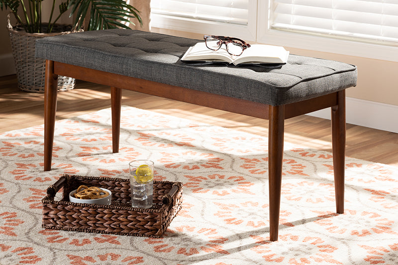 Nahla Mid-Century Modern Dark Gray Fabric Upholstered Medium Oak Finished Wood Dining Bench