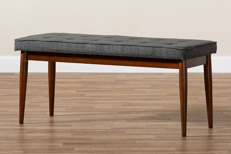 Nahla Mid-Century Modern Dark Gray Fabric Upholstered Medium Oak Finished Wood Dining Bench