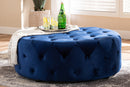 Sovanna Royal Blue Velvet Fabric Upholstered Button Tufted Cocktail Ottoman Baxton