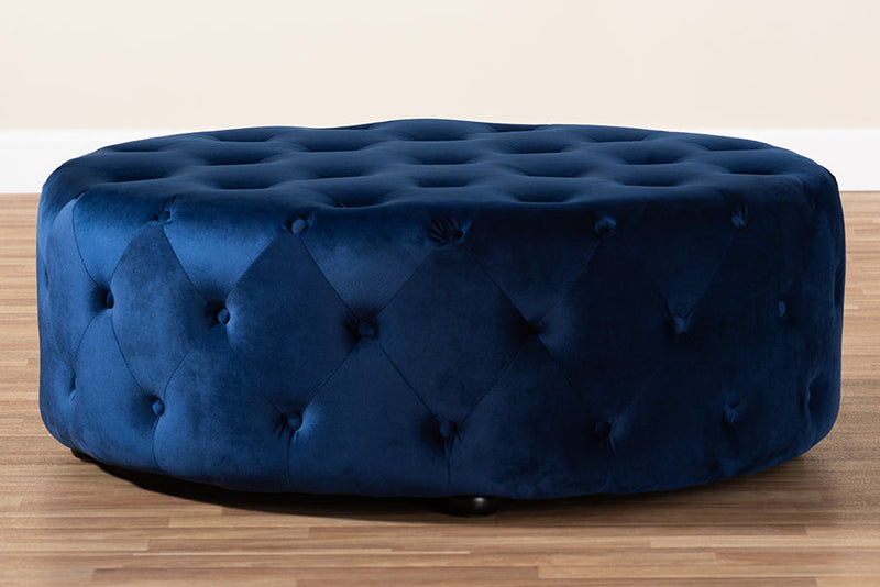 Sovanna Royal Blue Velvet Fabric Upholstered Button Tufted Cocktail Ottoman Baxton