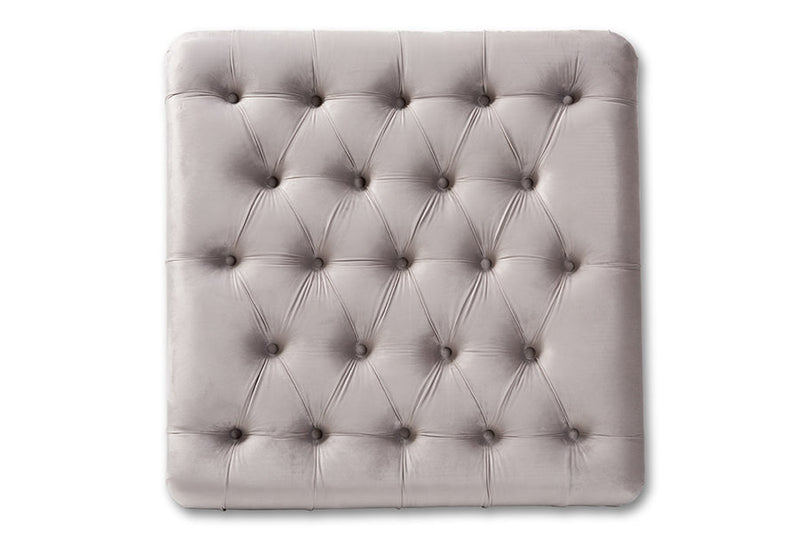 Delaire Gray Velvet Fabric Upholstered Button Tufted Cocktail Ottoman Baxton