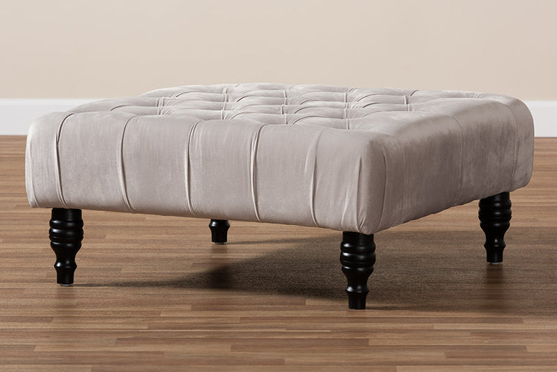 Delaire Gray Velvet Fabric Upholstered Button Tufted Cocktail Ottoman Baxton