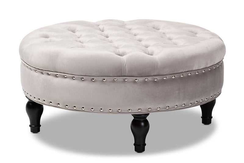 Jeane Gray Velvet Fabric Upholstered Button Tufted Cocktail Ottoman Baxton