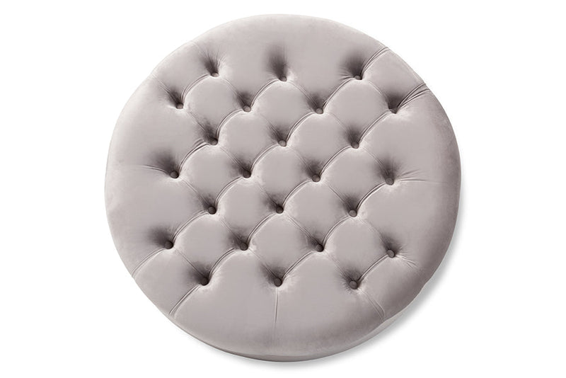Jeane Gray Velvet Fabric Upholstered Button Tufted Cocktail Ottoman Baxton