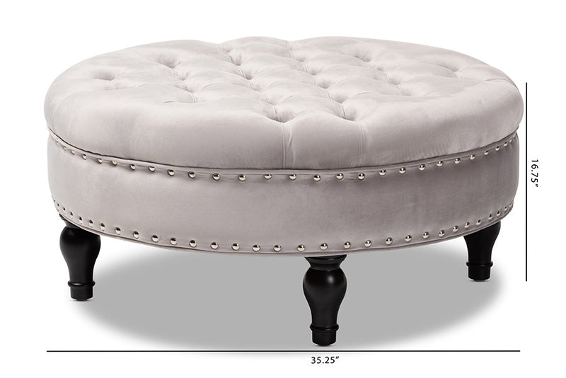 Jeane Gray Velvet Fabric Upholstered Button Tufted Cocktail Ottoman Baxton