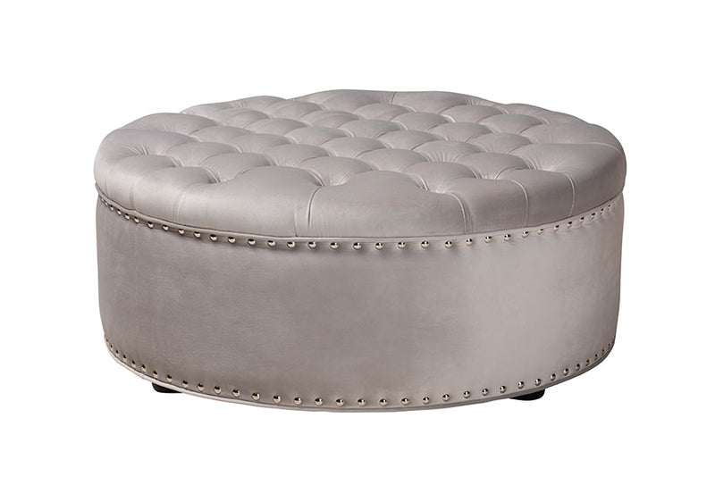 Neah Light Gray Velvet Fabric Upholstered Tufted Cocktail Ottoman Baxton