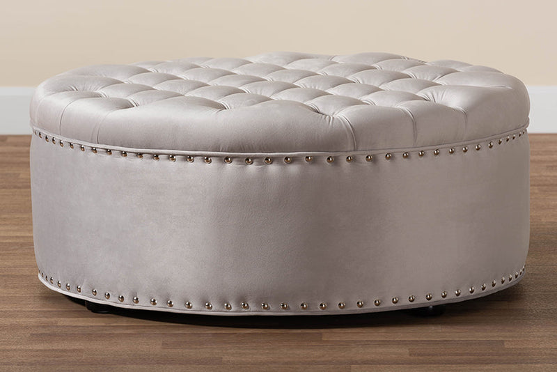 Neah Light Gray Velvet Fabric Upholstered Tufted Cocktail Ottoman Baxton