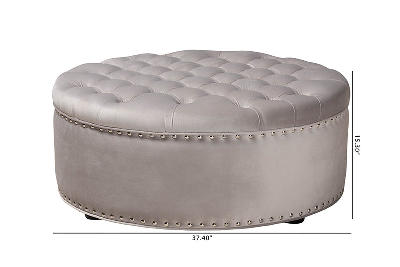 Neah Light Gray Velvet Fabric Upholstered Tufted Cocktail Ottoman Baxton