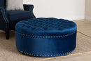 Neah Royal Blue Velvet Fabric Upholstered Tufted Cocktail Ottoman Baxton