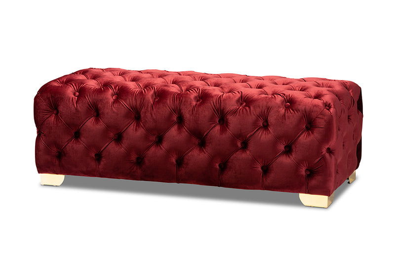 Gates Glam and Luxe Burgundy Velvet Fabric Upholstered Gold Finished Button Tufted Bench Ottoman