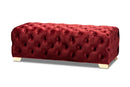 Gates Burgundy Velvet Fabric Gold Finished Button Tufted Bench Ottoman Baxton