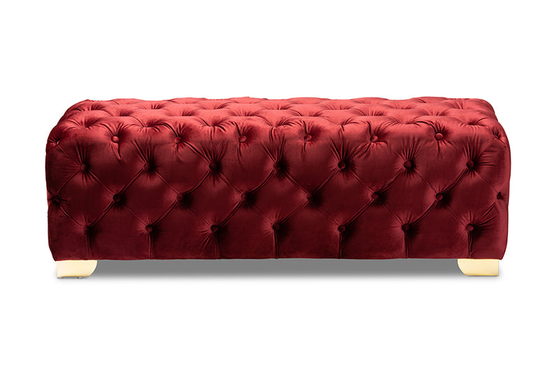 Gates Glam and Luxe Burgundy Velvet Fabric Upholstered Gold Finished Button Tufted Bench Ottoman