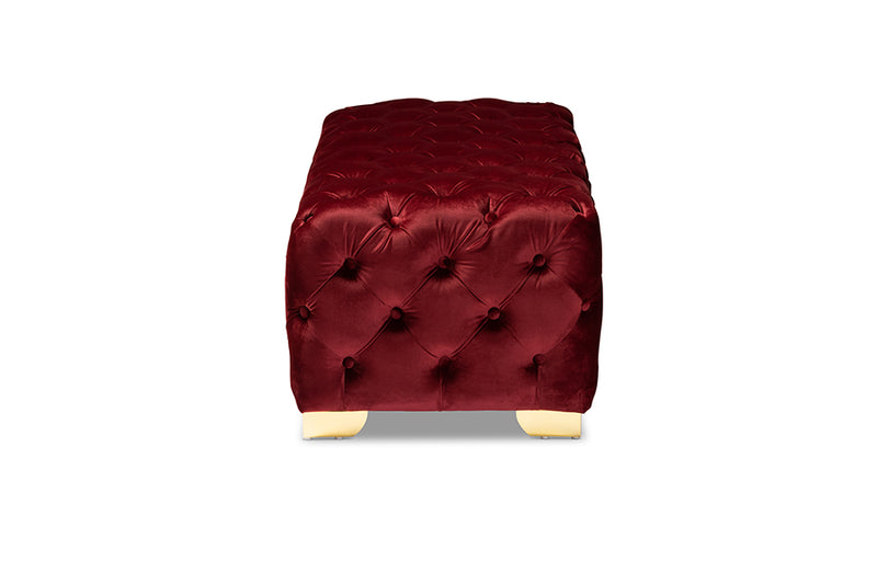 Gates Glam and Luxe Burgundy Velvet Fabric Upholstered Gold Finished Button Tufted Bench Ottoman