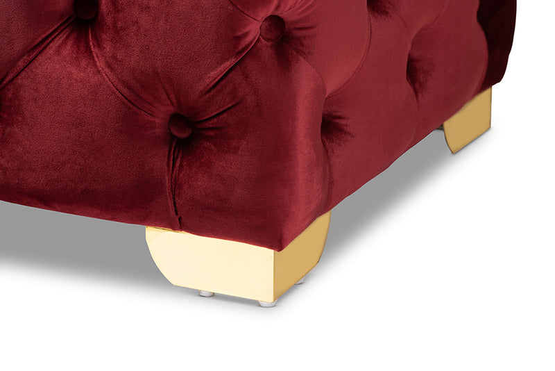 Gates Glam and Luxe Burgundy Velvet Fabric Upholstered Gold Finished Button Tufted Bench Ottoman