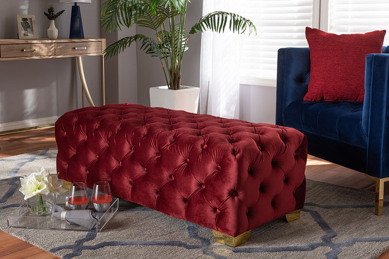 Gates Glam and Luxe Burgundy Velvet Fabric Upholstered Gold Finished Button Tufted Bench Ottoman