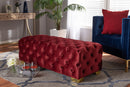 Gates Burgundy Velvet Fabric Gold Finished Button Tufted Bench Ottoman Baxton