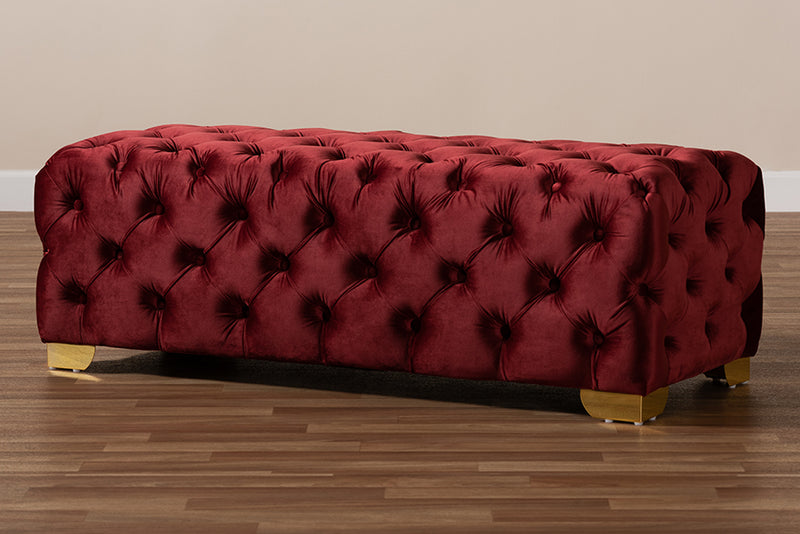 Gates Glam and Luxe Burgundy Velvet Fabric Upholstered Gold Finished Button Tufted Bench Ottoman