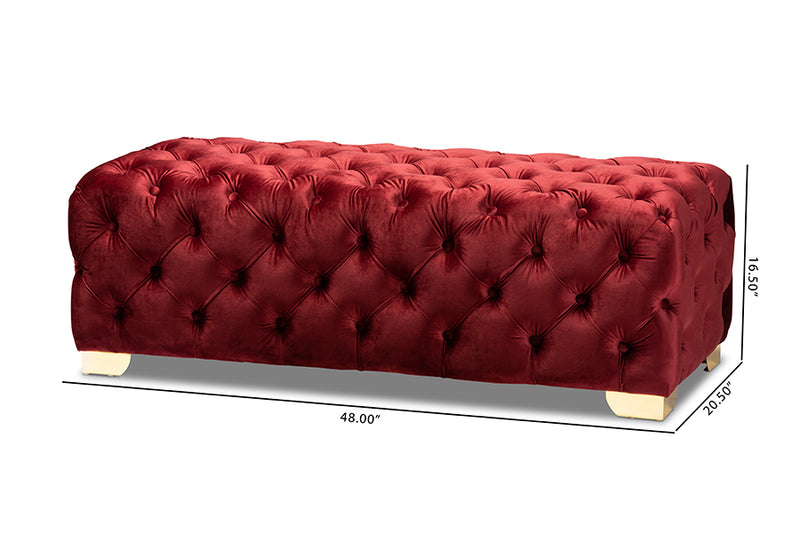 Gates Glam and Luxe Burgundy Velvet Fabric Upholstered Gold Finished Button Tufted Bench Ottoman